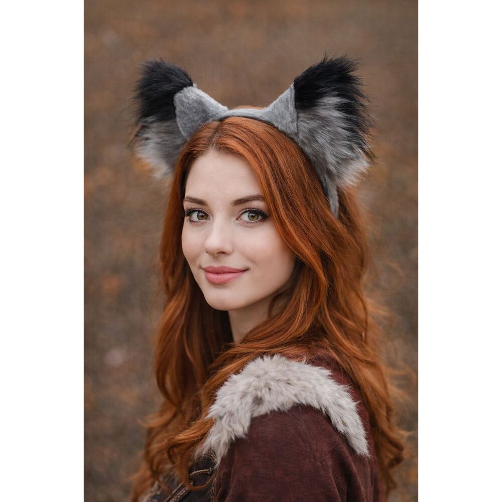 Gray Black Furry Fox Ears Headband Earmuffs Cosplay Costume Accessory